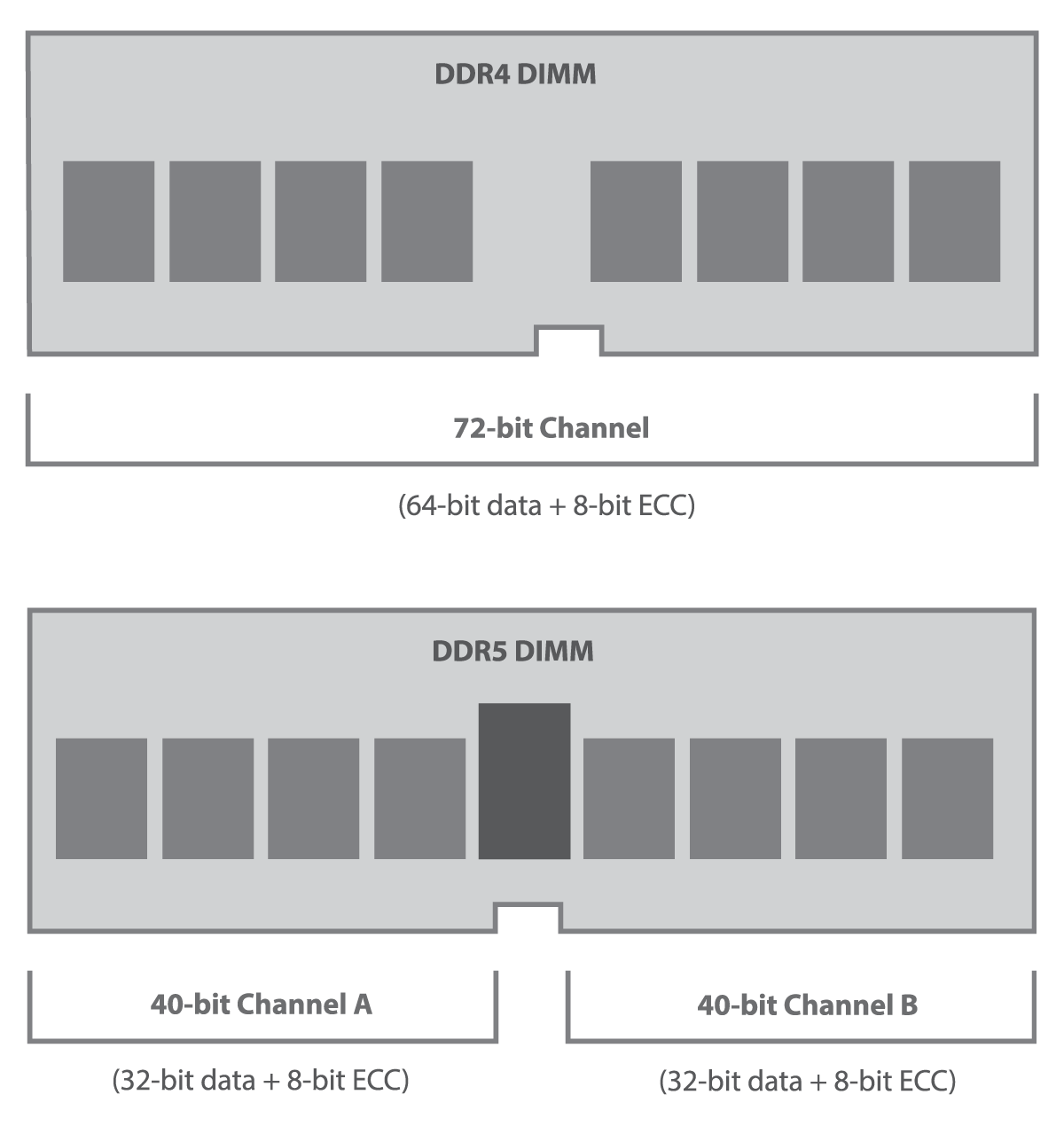 Drawing of DDR4 and DDR5 DIMMs